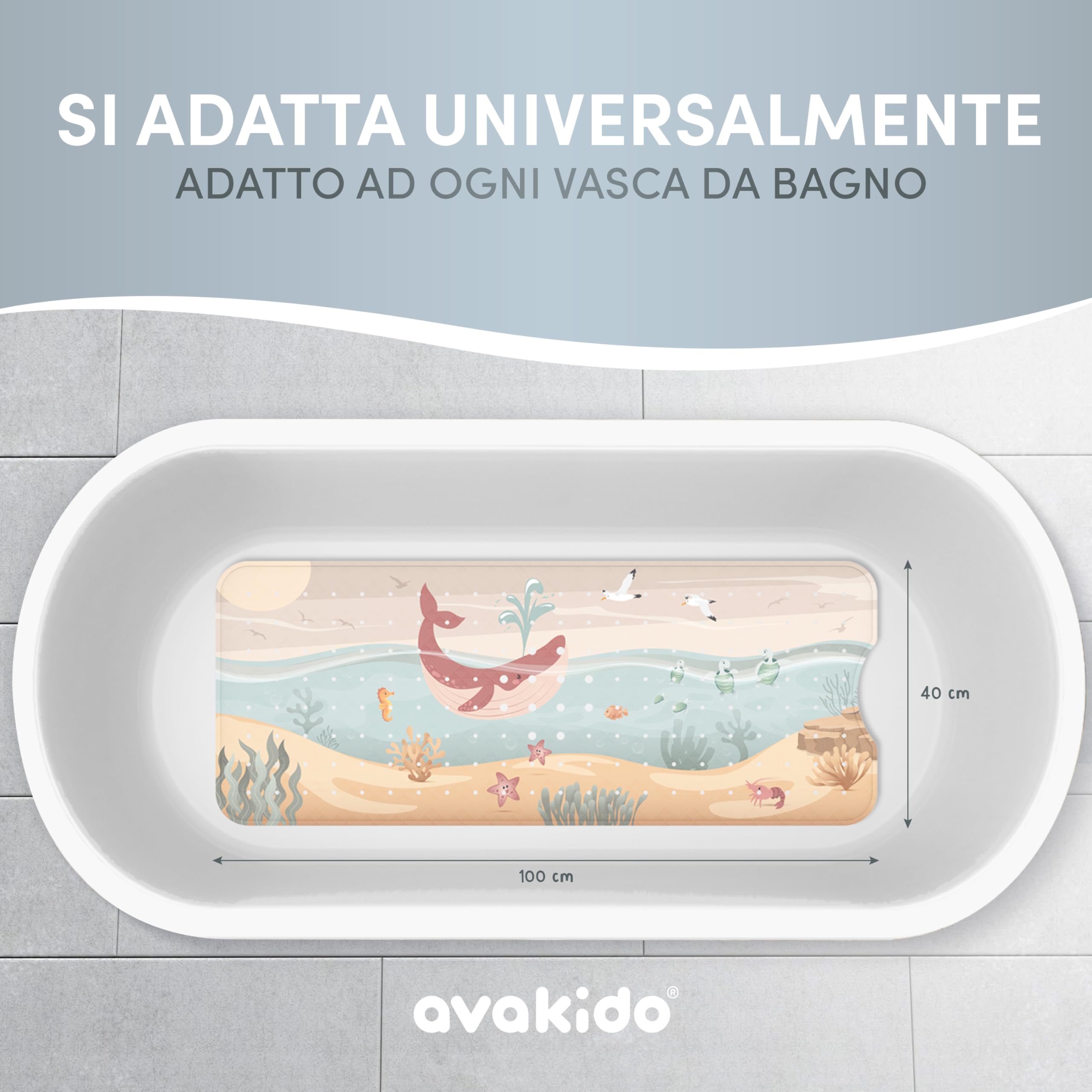 avakido® Tappetino vasca antiscivolo bambini - Senza BPA, resistente alla muffa e lavabile in lavatrice - Tappeto per vasca da bagno sicuro