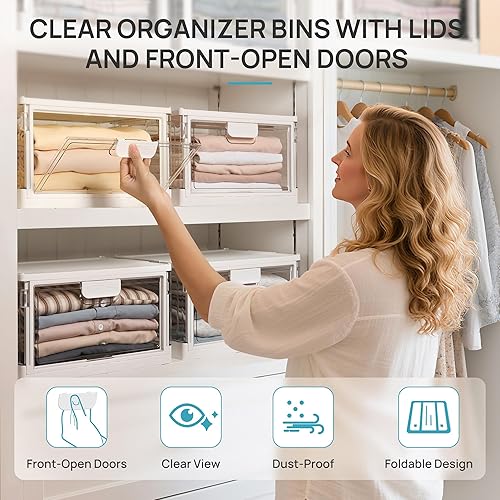 Miniatura 3 de Vtopmart Paquete de 4 contenedores de almacenamiento apilables de 24 cuartos de galón con tapas, organizador de armario plegable transparente con