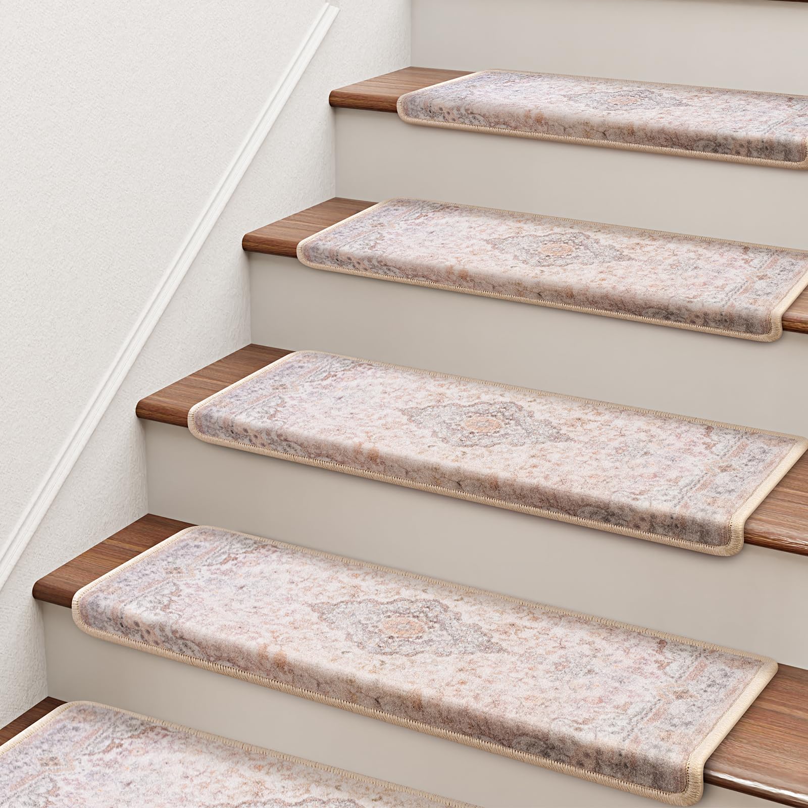 Brakki Bullnose Stair Treads for Wooden Steps, Non Slip Stair Carpet for Indoor Runner and Pets, Soft Edging Staircase Protectors Reusable, Washable,