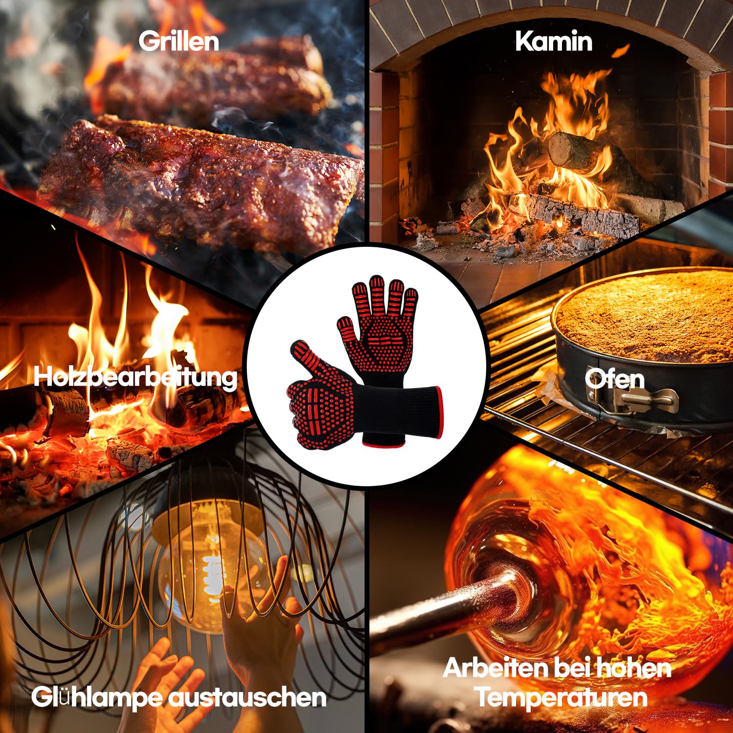 HubiCare Grillhandschuhe Hitzebeständige Feuerbeständige Ofenhandschuhe Handschutz Grillhandschuhe, 1772℉/800°C Hitzebeständige Ofenhandschuhe für Grill, Backofen, Kochen, Löten (Rot)