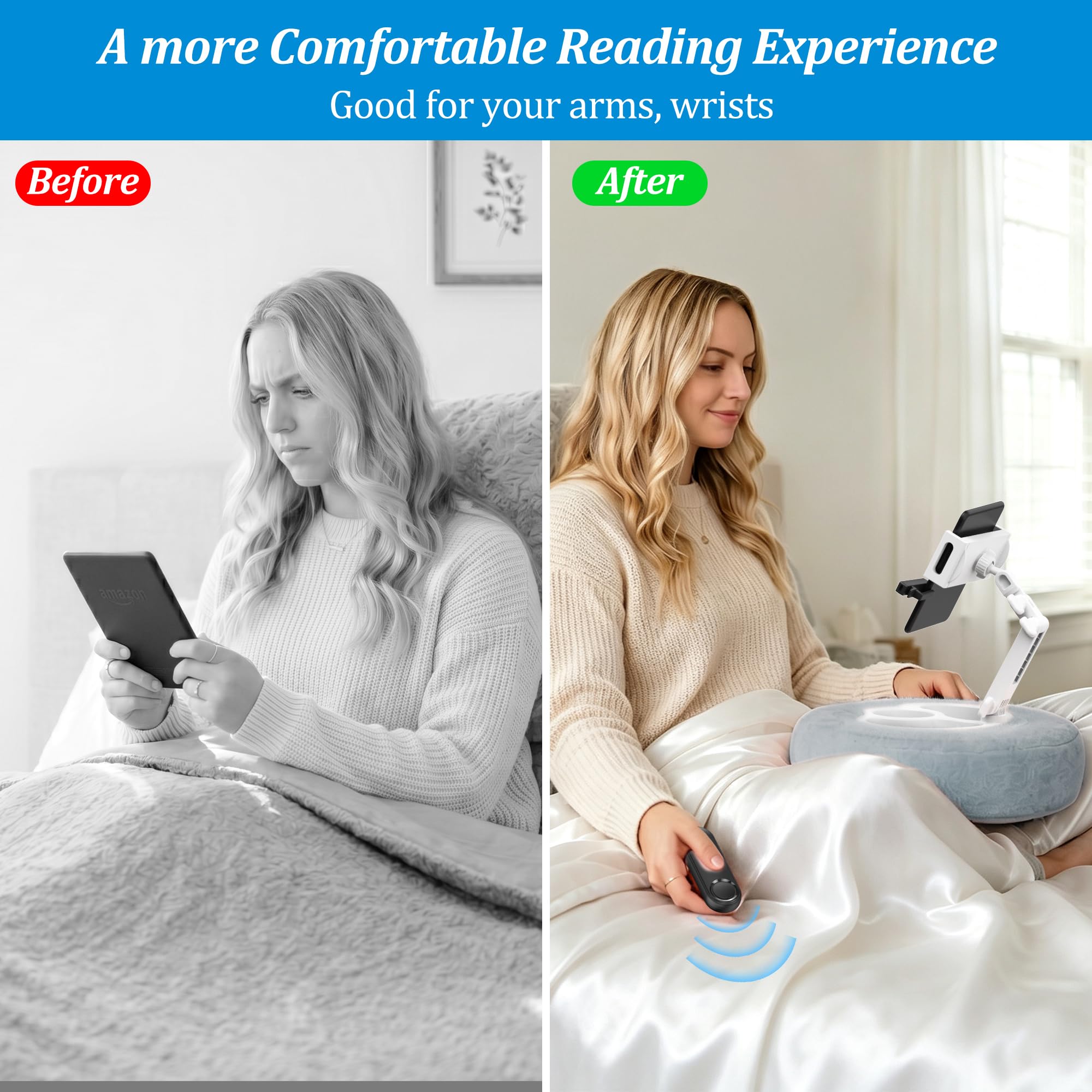 PlusAcc Cojín para Kindle con 3 Boles para Snacks – Soporte Tableta cojín,Ajustable 360° para Usar en el Regazo,Soporte de Lectura Manos Libres para Kindle,Kobo,Lavable Mando a Distancia Gris