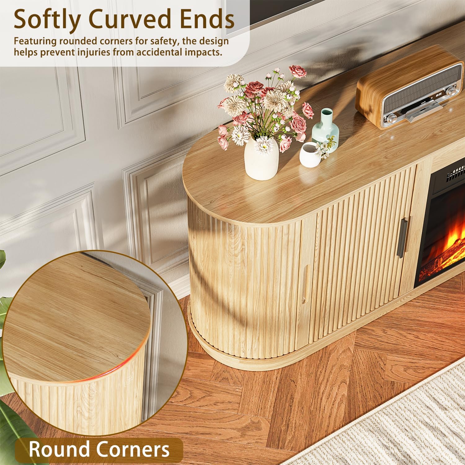 60" Fluted Fireplace TV Stand with 18" Electric Fireplace, Wood Console with Fireplace for TVs Up to 70", Curved Edge, Entertainment Center with Sliding Doors for Living Room, Natural Wood