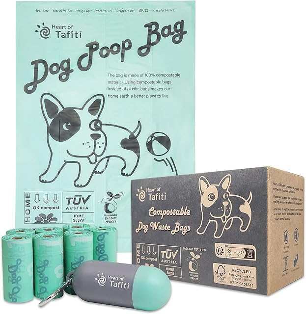 Heart of Tafiti Dog Poo Bags, Biodegradable, Compostable dog waste bags with Dispenser, Extra Thick and Strong Leak Proof, Vegetable-Based, Eco-Friendly, Unscented, Size 23 x 33 cm, 70 Counts