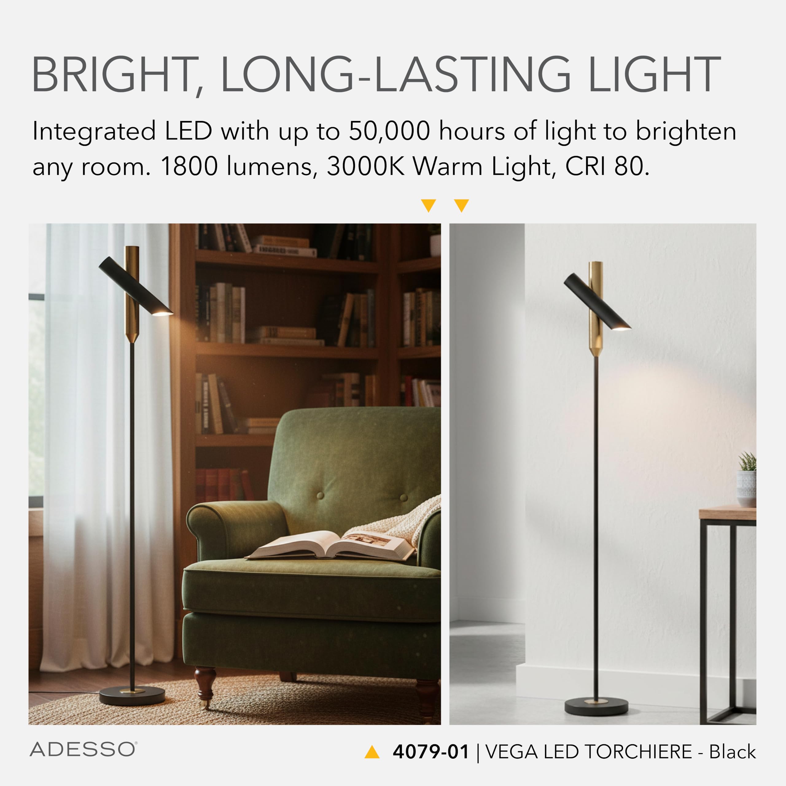 Adesso 4079-01 Vega LED Torchiere, 68 in., 24W, Black Finish, 1