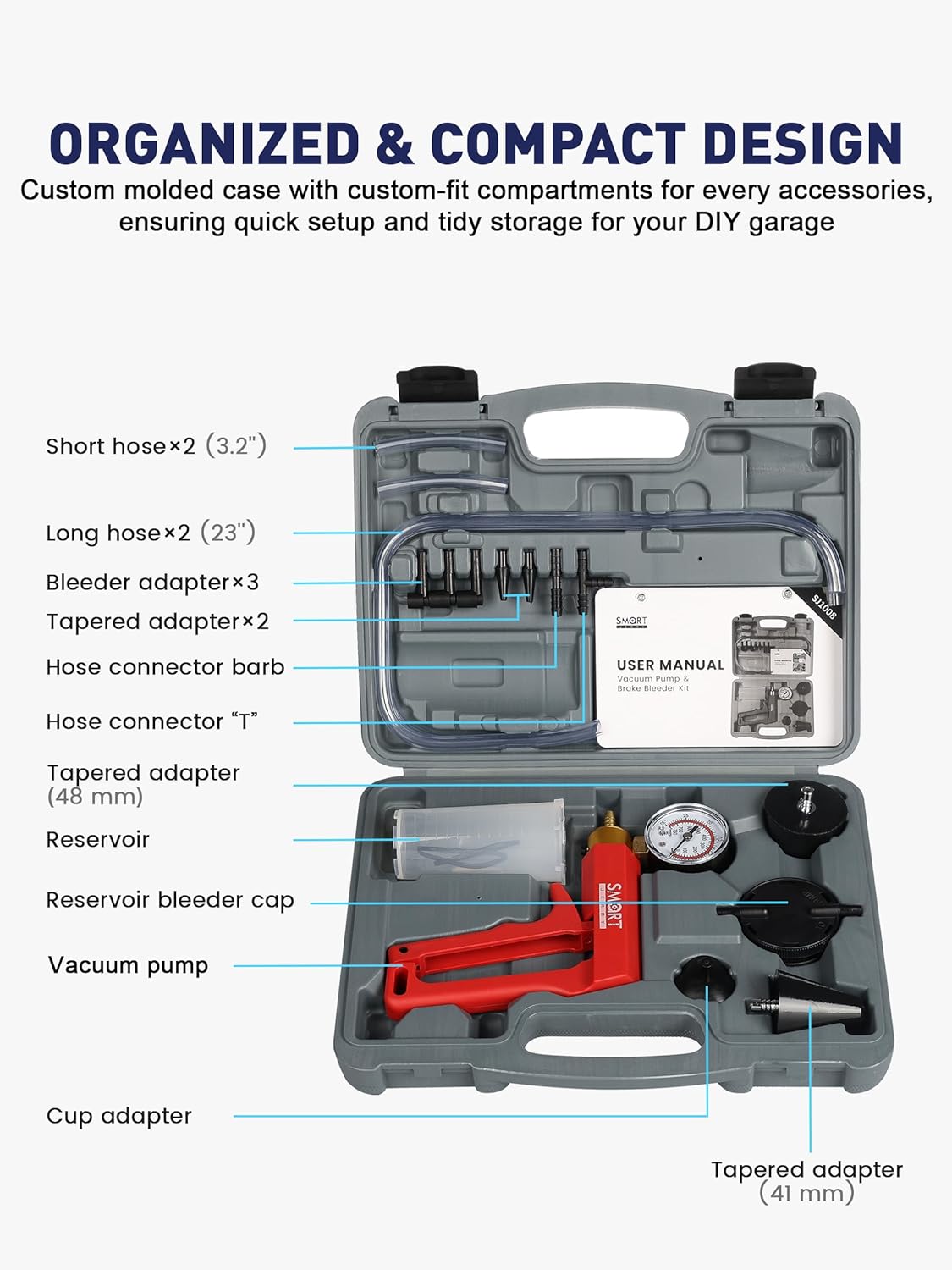 SMART JERRY - Brake Bleeder Kit with Hand Vacuum Pump | 17 Pcs Motorcycle Brake Fluid Bleeder Kit | Vacuum Brake Bleeder Tool with Pressure Gauge & Storage Case