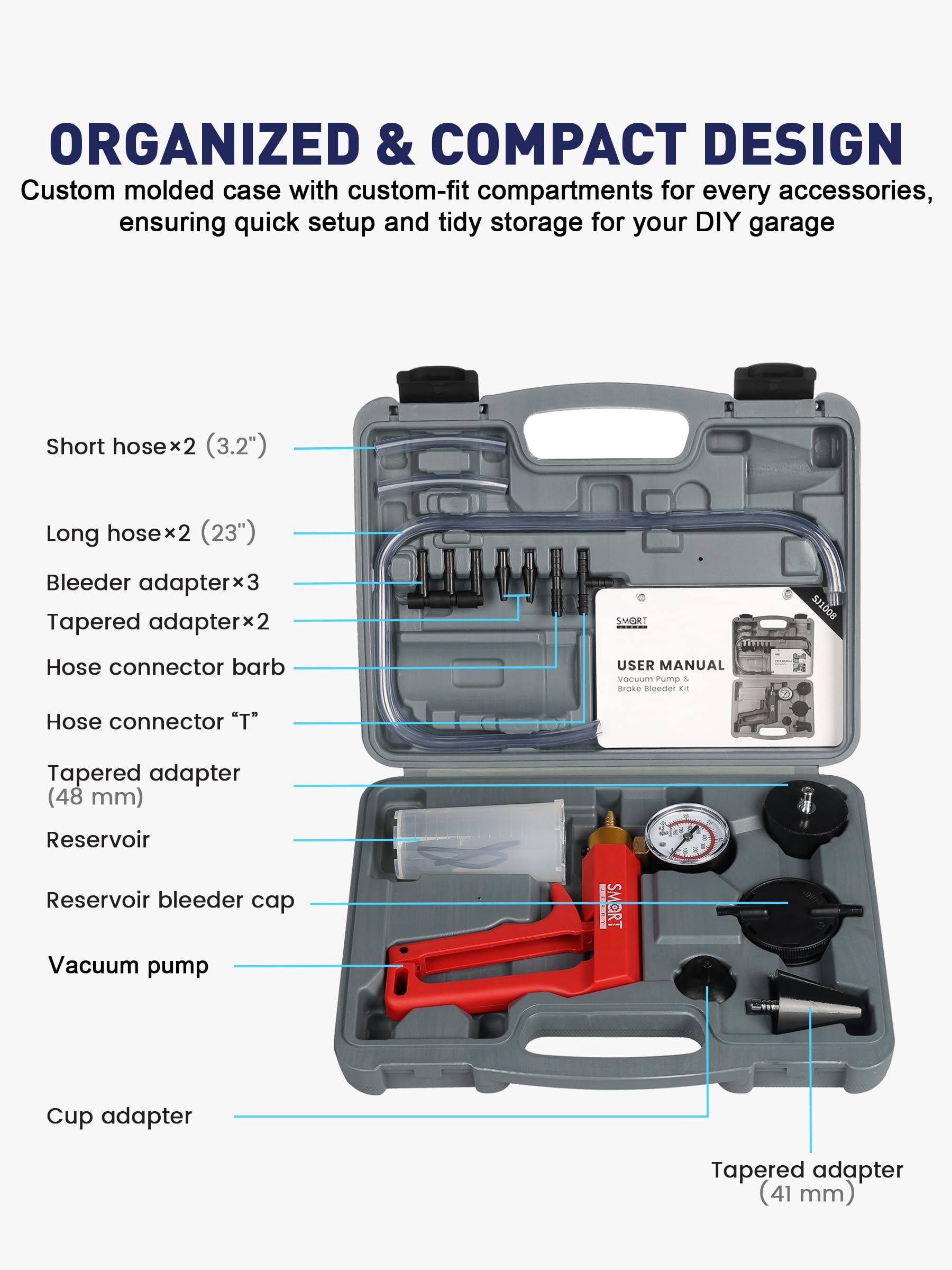 SMART JERRY - Kit de purge de frein avec pompe à vide manuelle | Kit de purge de liquide de frein 17 pièces pour moto | Outil de purge de frein à vide avec manomètre et étui de rangement