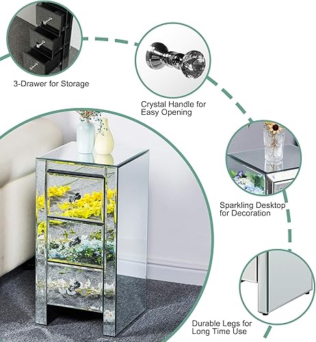 Miniatura 7 de SSLine Mesa auxiliar con espejo de 3 cajones, mesita de noche con espejo, mesa auxiliar de espejo con acabado plateado para dormitorio, sala de