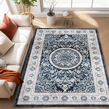 Boho Area Rug Machine Washable Non-Slip Vintage Distressed Rug for Living Room Bedroom, Low Pile Soft Pet-Friendly Washable Carpets 6x9ft, L