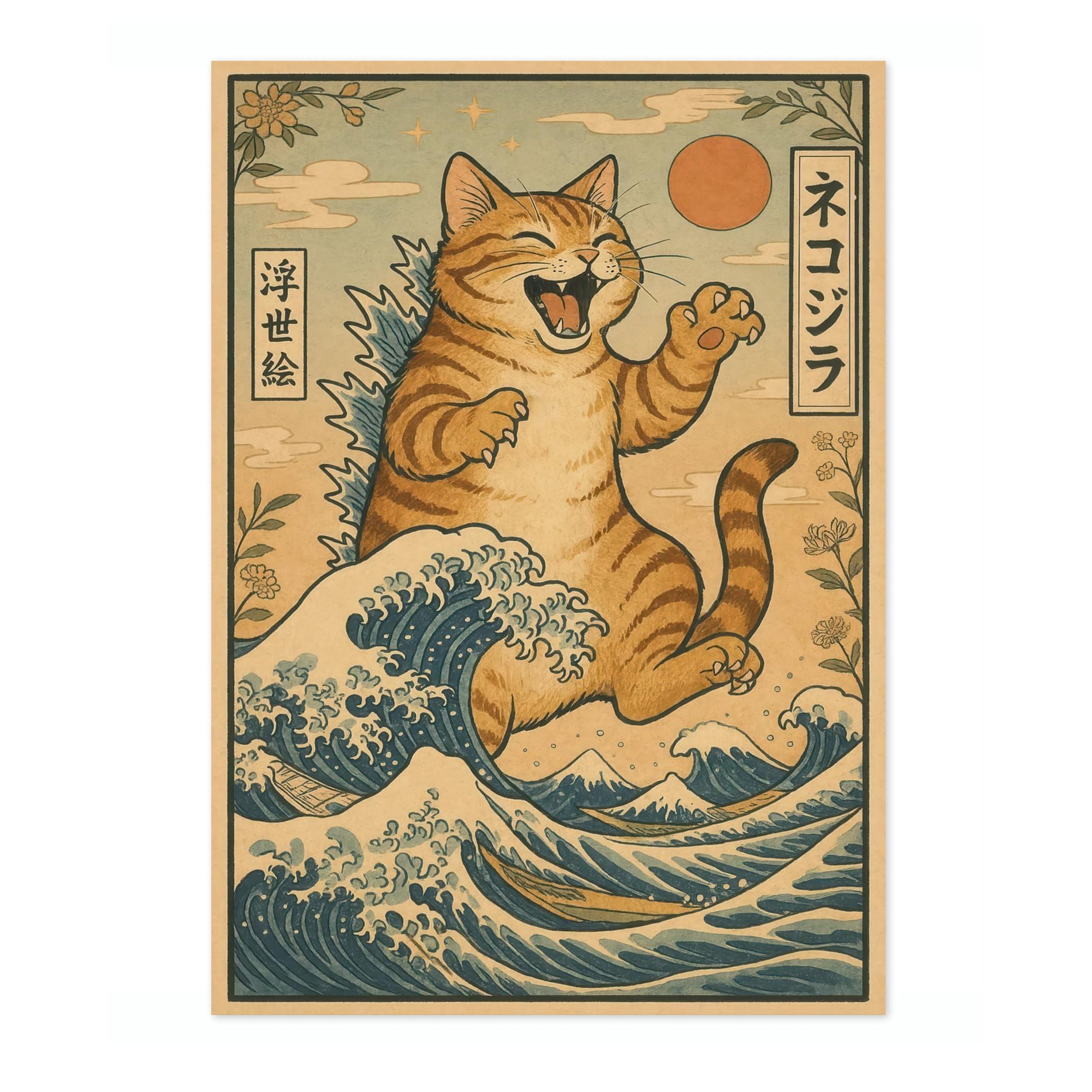 Catzilla Anime Woodblock Poster Modern Woodblock Print, Cartoon Manga Kitten Wall Art Decor, Modern Japanese, Cat Lovers, A2 (Print Only) - 59.4x42cm โ image 1