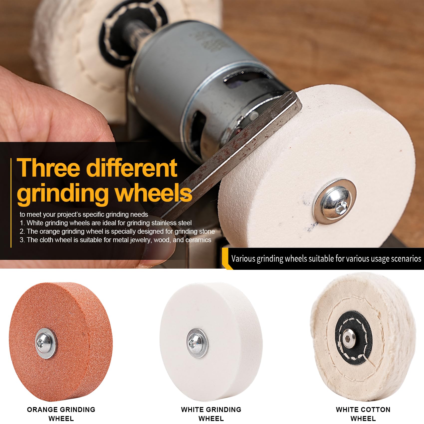 Mini Bench Grinder - 3 Wheels for Jewelry & More -5