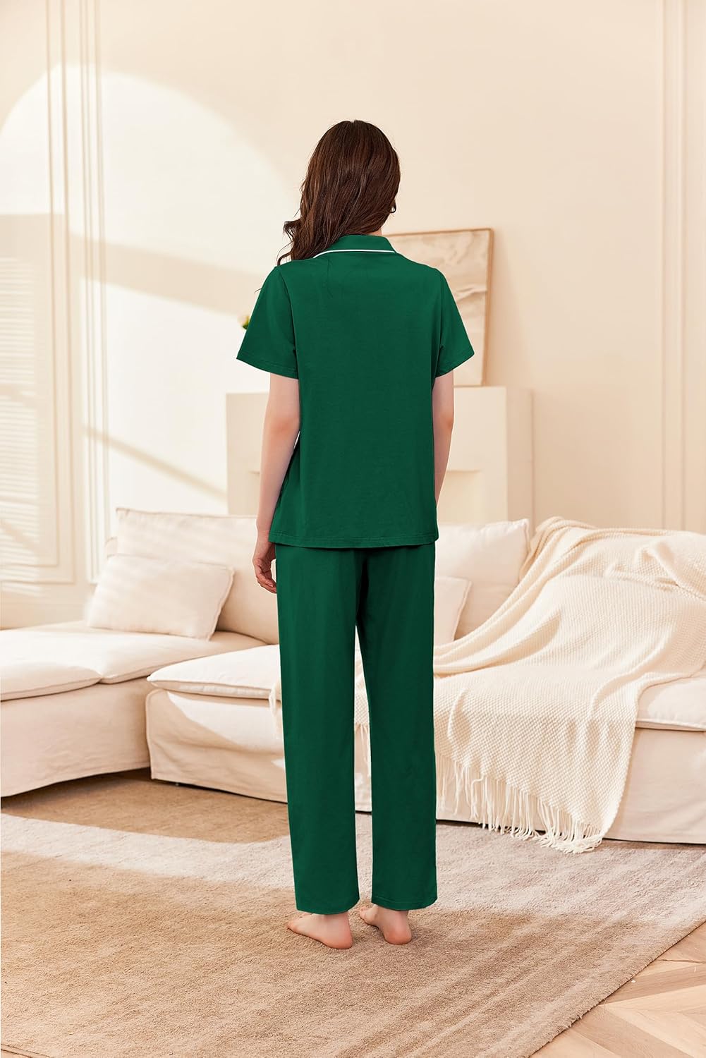 Ekouaer Women's 100% Cotton Pajamas Set Short Sleeve Button Down Pjs 2 Piece Soft Sleepwear with Long Pants Lounge Set Green Medium - Image 2