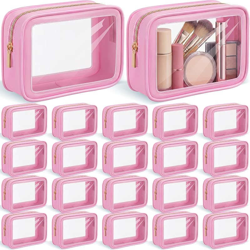 Necessaires transparentes Hsei com zíper e borda rosa, PVC, pacote com 20