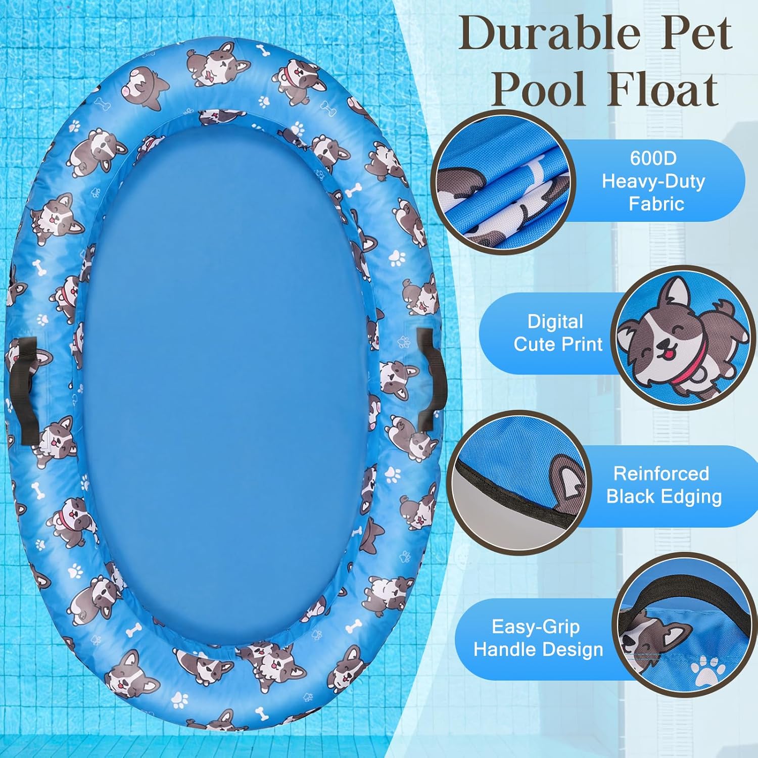 Inflatable Dog Pool Float with Rope, Portable Puppy Raft for Pool or Lake, Floating Pet Float for Small Medium Large Dogs, Up to 80 lb