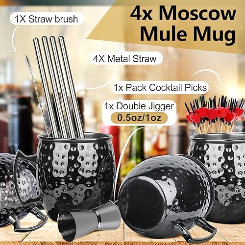 Vista 2 de LINALL Moscow Mule - Juego de 4 tazas de acero inoxidable chapadas en negro bronce de 18 onzas, taza medidora, selecciones de cóctel para bebidas