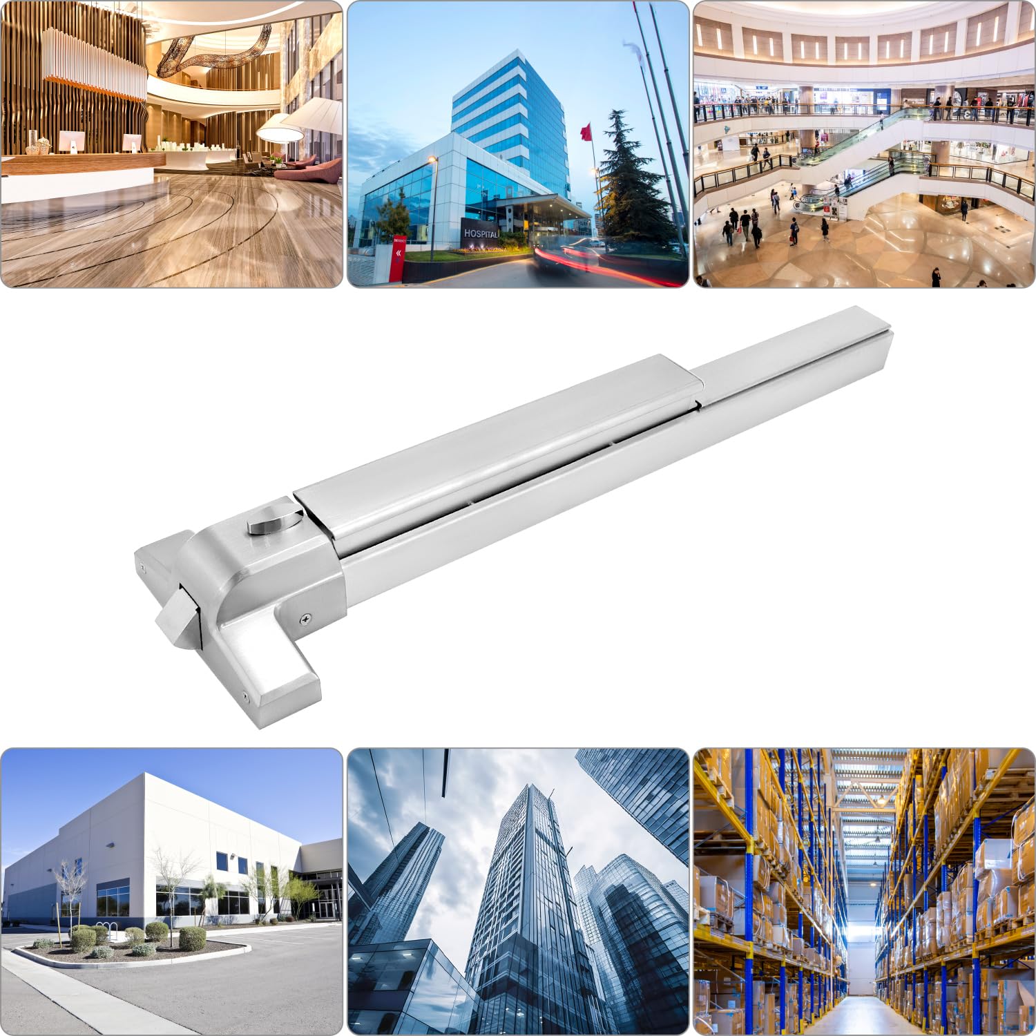 QWORK Dispositivo de puerta de salida de emergencia de acero resistente con cerradura y palanca ignífugos, compatible con puertas de metal y madera para edificios comerciales, kit de fácil instalación