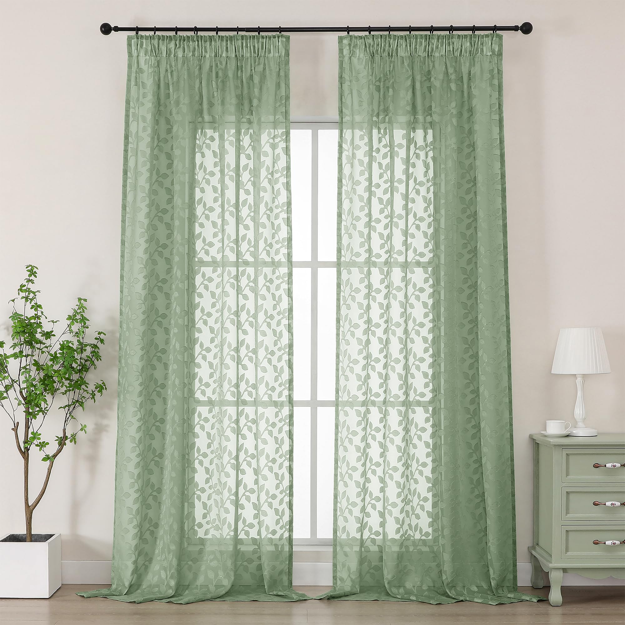 Simplebrand Sage Green Sheer Curtains Charlton Leaf 2 Panels W140 x L229cm, Clip Jacquard Pencil Pleat Drapes, Semi-Sheer Curtains for French Doors Balcony, Light Filtering Decorative Voile Curtains
