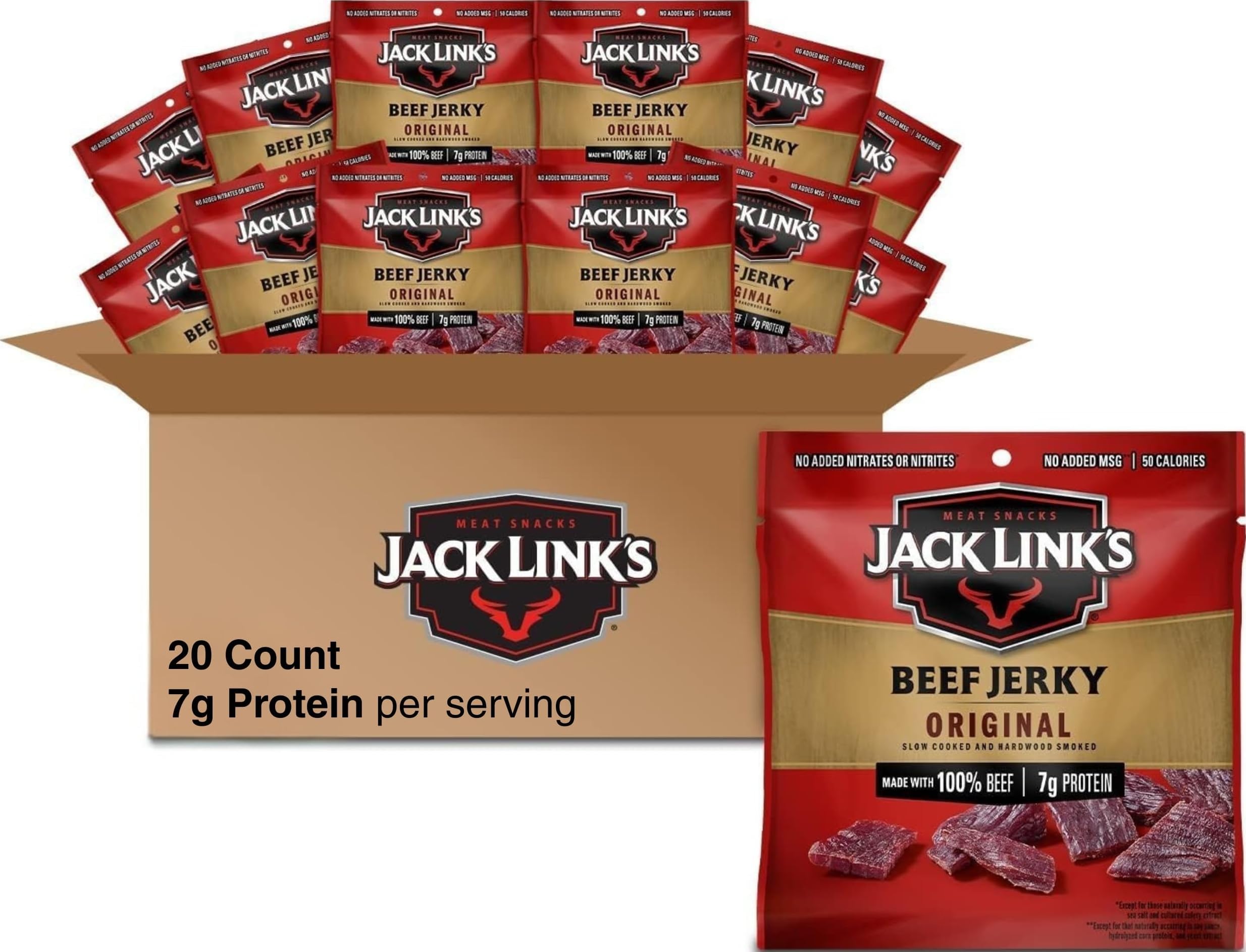 Jack Link's Beef Jerky Multipack - Original - Made with 100% Real Beef - Ready to Eat Real Meat Protein Snacks - 7g Protein per Serving - 0.625 oz Bags (20 Pack)
