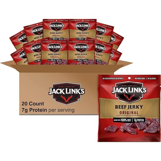Jack Link's Beef Jerky, Original, Multipack Bags - Flavorful Meat Snack for Lunches, Ready to Eat - 7g of Protein, Made with Premium Beef, No Added MSG** - 0.625 oz (Pack of 20)