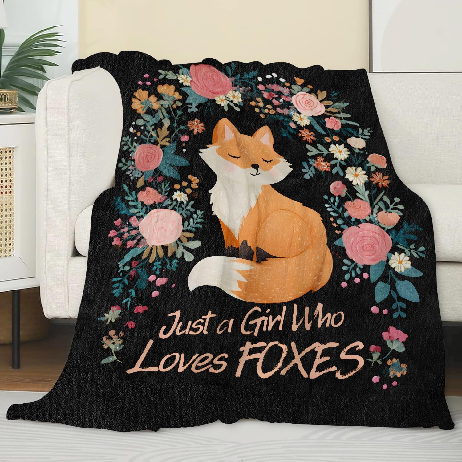 Cute Fox Floral Blanket,Gifts for Girls Women Animal Lovers Nature Fans,Lightweight Flannel Throw Blankets,Wildlife and Flower Throws Home Decor,for Couch Office,or Reading Nook Use,60x50inch