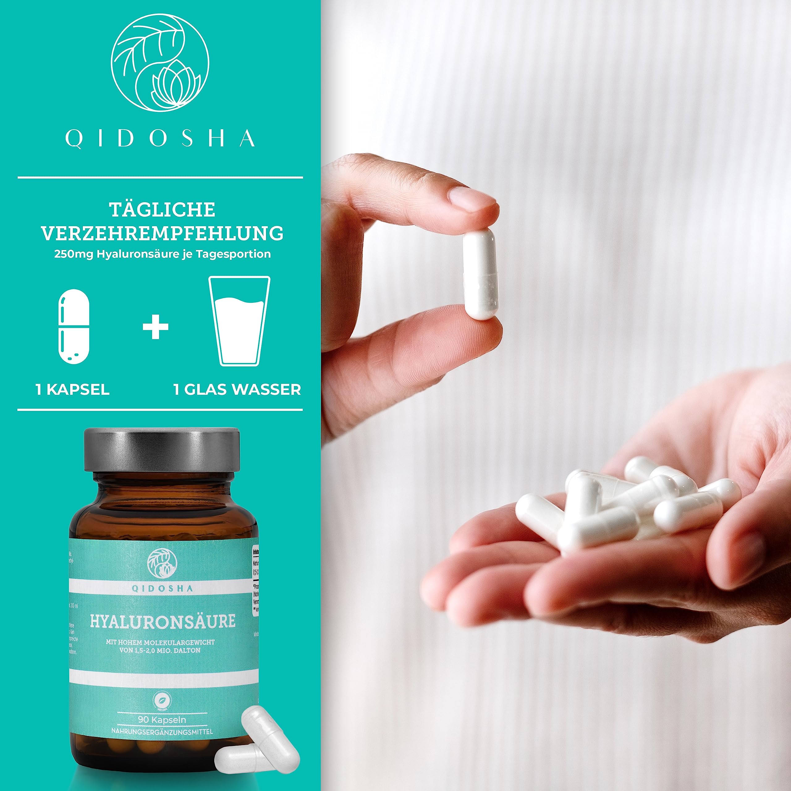 QIDOSHA® Premium Hyaluronsäure Kapseln, TESTSIEGER 07/23*, hohes Molekulargewicht von 1,5-2 Mio. Dalton (marktüblich: 0,5 Mio.), 250mg/Kapsel, 90 Stk/Apothekerglas, vegan, natürlich aus Fermentation