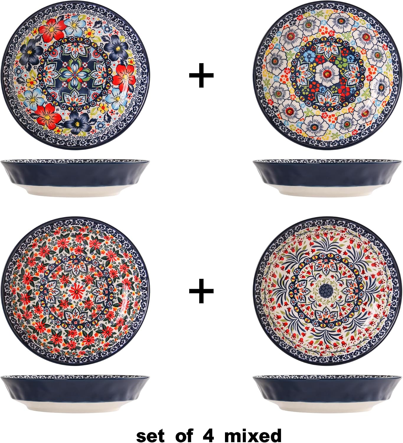 Polish-style Ceramic Pasta Bowls Set - 8.14 inch 32 oz Serving Bowls, Set of 4, Floral Decorative Dinner Bowls for Soup,Salad, and Pasta, Kitchen, Microwave, Dishwasher Safe, Polish Pottery Style