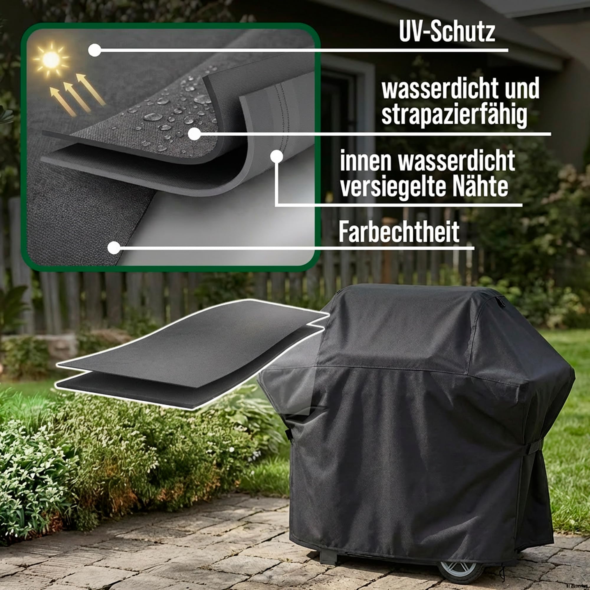 Grillabdeckung 183x63x117 cm, Schutzhülle Grill Trapezform | 600D Oxford - wasserdicht, UV-beständig, reißfest und winterfest - robuste Abdeckung für Gasgrill mit Kordelzug