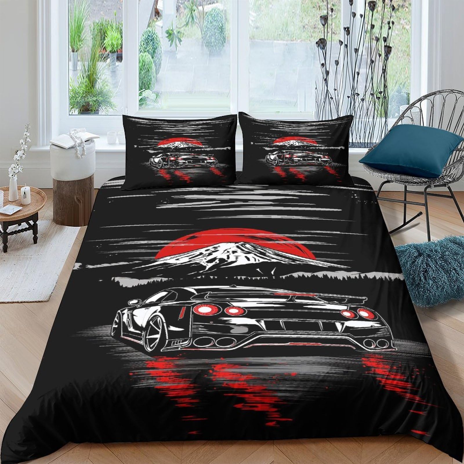 Ctjqhvkz Style-5 3D Printed Japanese Sunrise Fitted Sheet Microfiber Black Red Sports Car Bed Cover For Bedroom Dorm Decor Single（135X200cm）