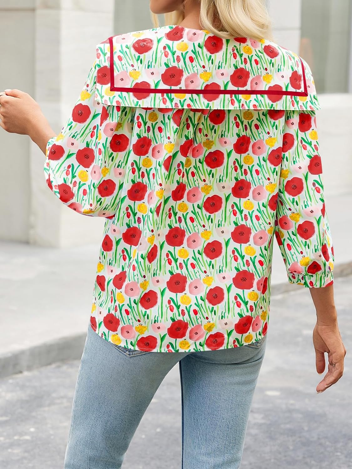 Cicy Bell Womens Floral Button Down Shirts Trendy Casual 3/4 Lantern Sleeve Blouse Square Neck Collared Tops - Image 7