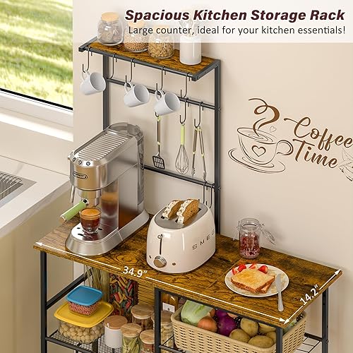 Miniatura 5 de Estante para panaderos con toma de corriente, soporte de microondas de cocina con 10 ganchos en forma de S, estación de barra de café de 6 niveles,