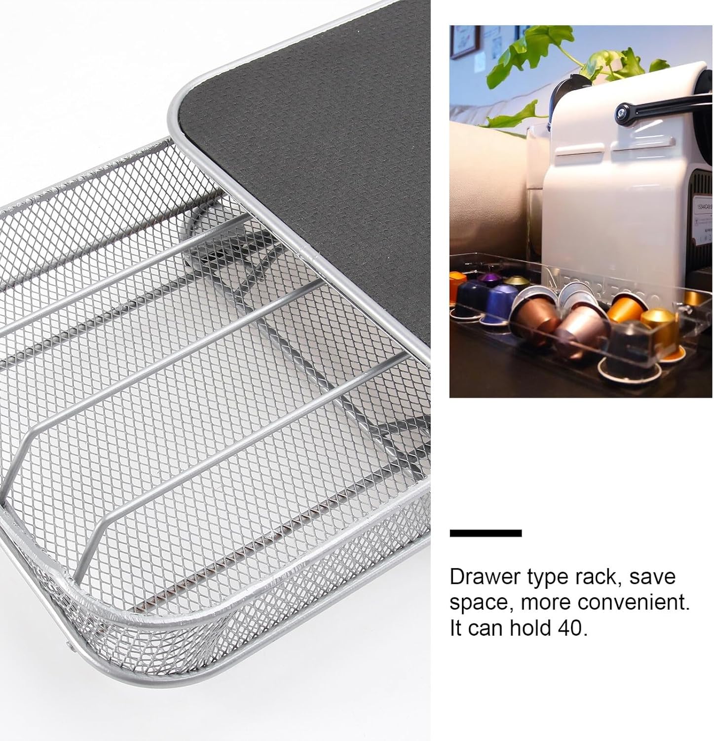 Coffee Capsule Storage Rack and Pod Drawer, Silver Metal Holder with 40-capsule Capacity for Kitchen Countertop Organization and Coffee Accessories Storage