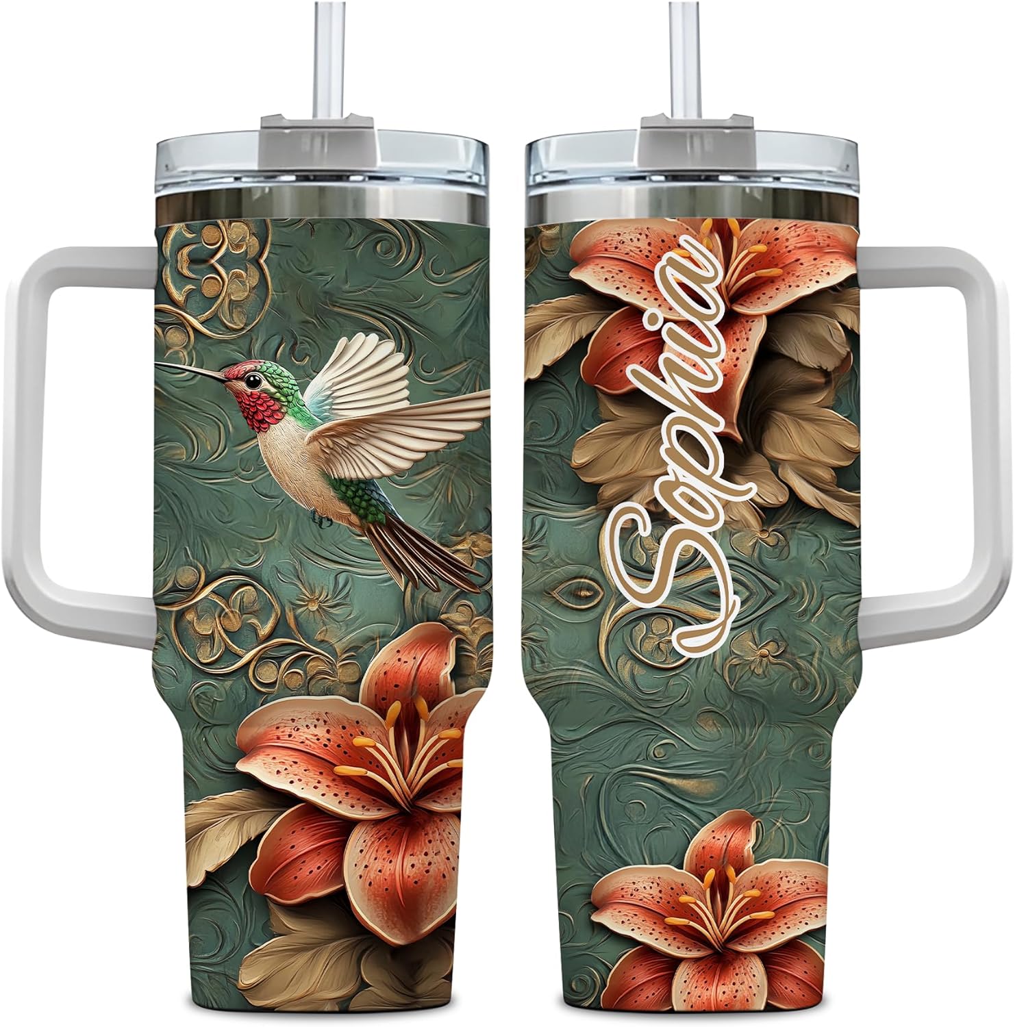 Hyturtle Personalized Hummingbird 2D Print Tumbler - Hummingbird Gifts For Women - Gifts For Bird Lovers Her - Bird Presents On Mothers day - Custom Name Travel Coffee Cup 40 Oz With Lid And Straw