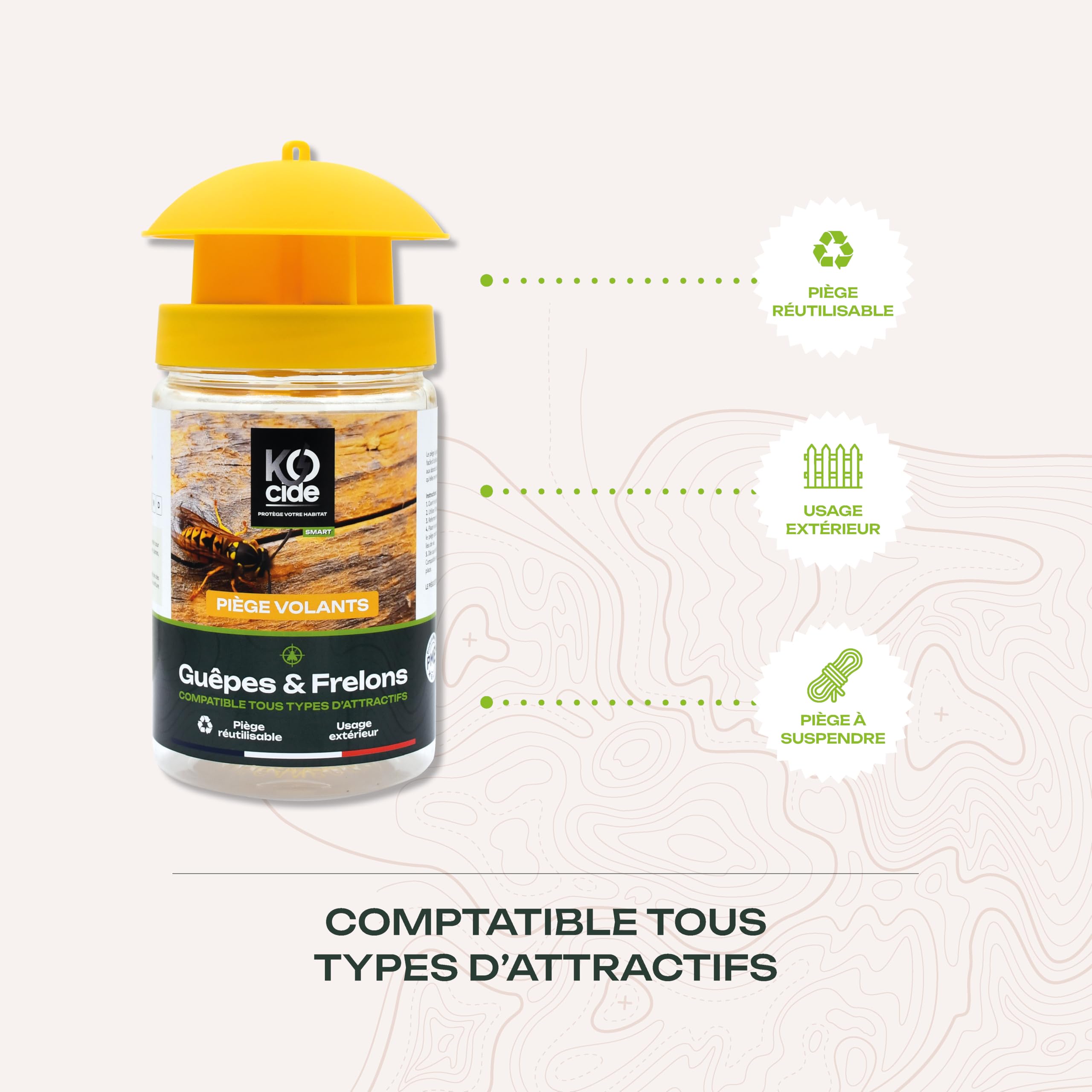 K-OCIDE – Piège Guêpes et Frelons - Réutilisable - Capture Efficace - Piège Extérieur Jardin, Terrasse, Piscine - Fabrication Française - 4