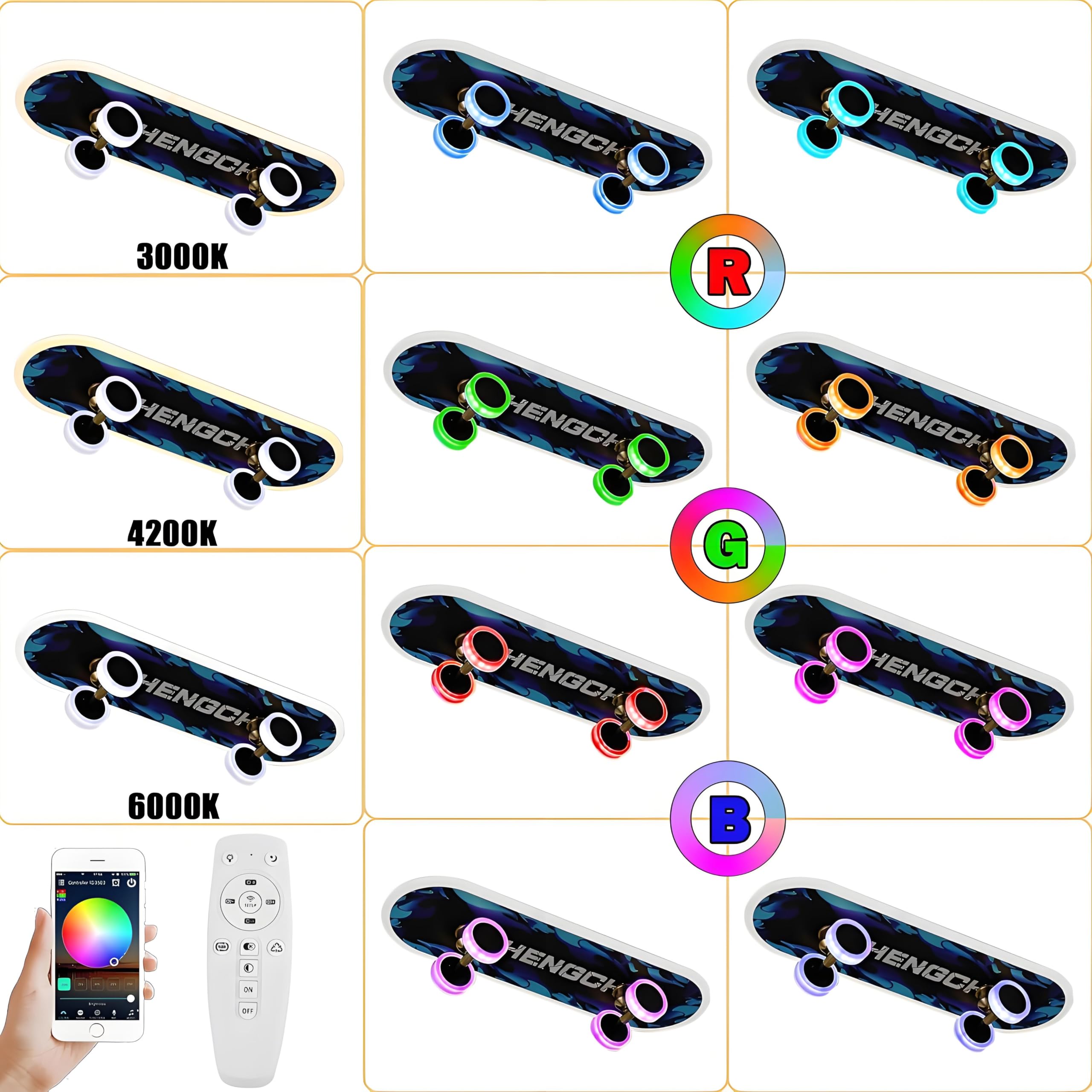LED Deckenleuchte - Kinderzimmer Lampe Decke Dimmbar mit Fernbedienung & APP, RGB Farbwechsel Kinder Deckenlampe, Kreative Skateboard Leuchte für Deko Junge/Mädchen Schlafzimmer, 32W, L60CM