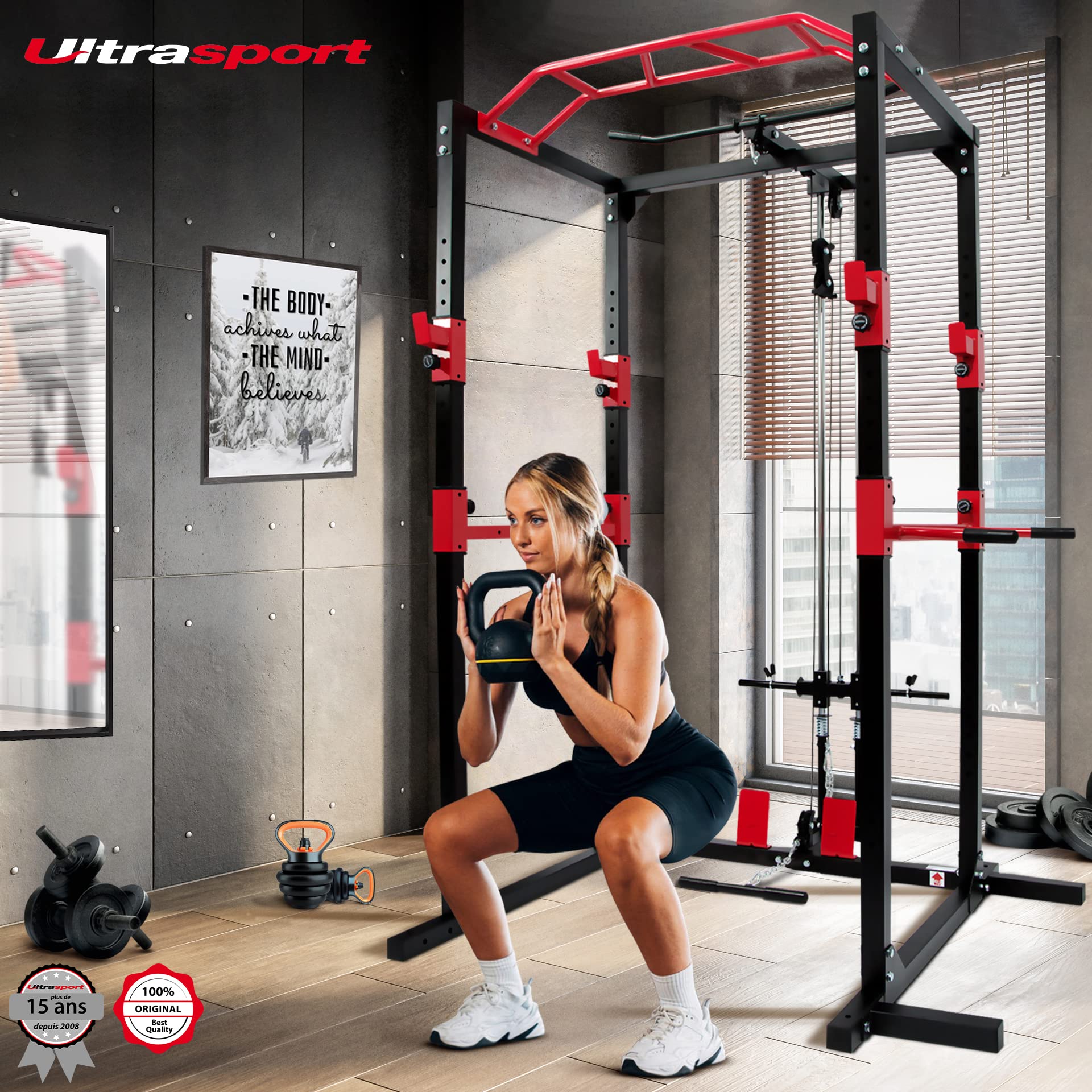 Ultrasport Mixte Banc de Musculation/Cage à Squats en Acier Massif, avec 2 Barres de Sécurité, Barre de Traction, Barre de Dips, Rameur - Noir/Rouge, 145.5 x 141 x 213.5 cm