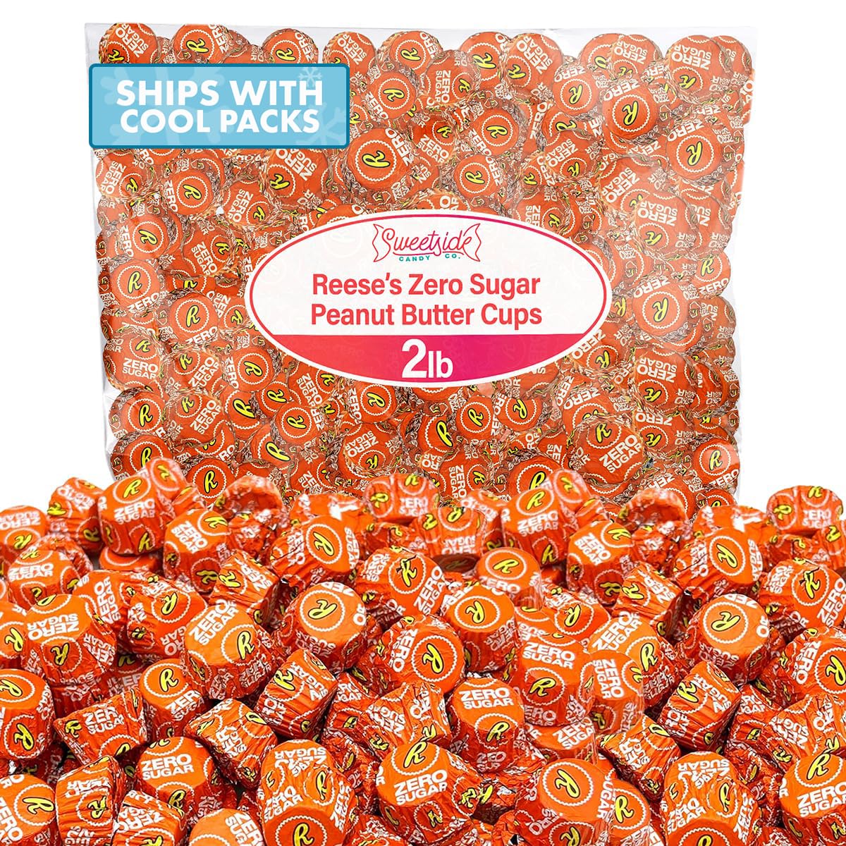 Zero Sugar Peanut Butter Cups - Miniatures Peanut Bite-Size Treat Candies Encased in a Crunchy Milk Rich Chocolate Shell for a Melt in Your Mouth Snacking, 2lb Bulk Candy Individually Wrapped Bag