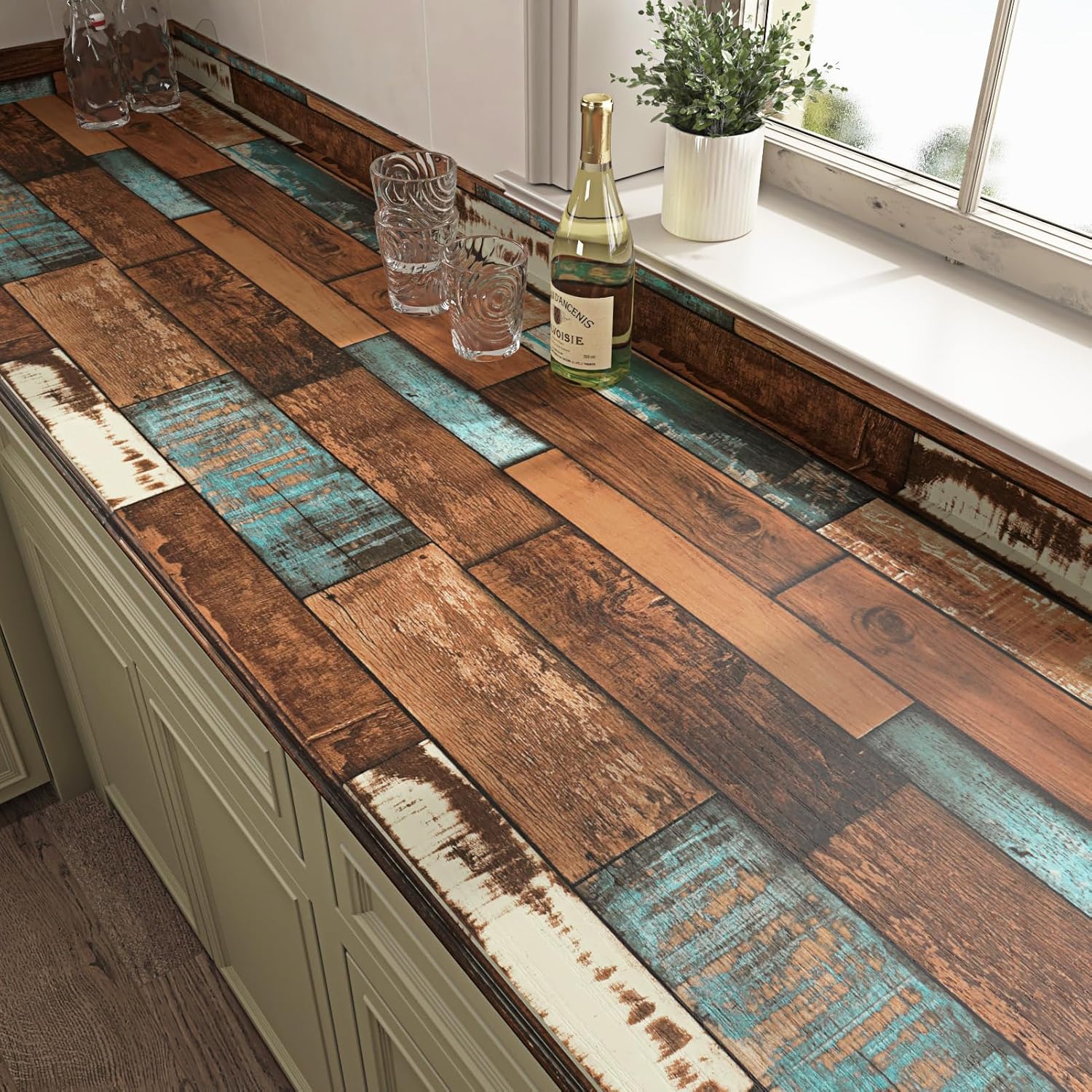 Blue Brown Wood Contact Paper for Countertops 15.7"×78.7" Vintage Shiplap Peel and Stick Wallpaper Self Adhesive Rustic Wood Grain Contact Paper for Fireplace Cabinets Walls Kitchen Farmhouse