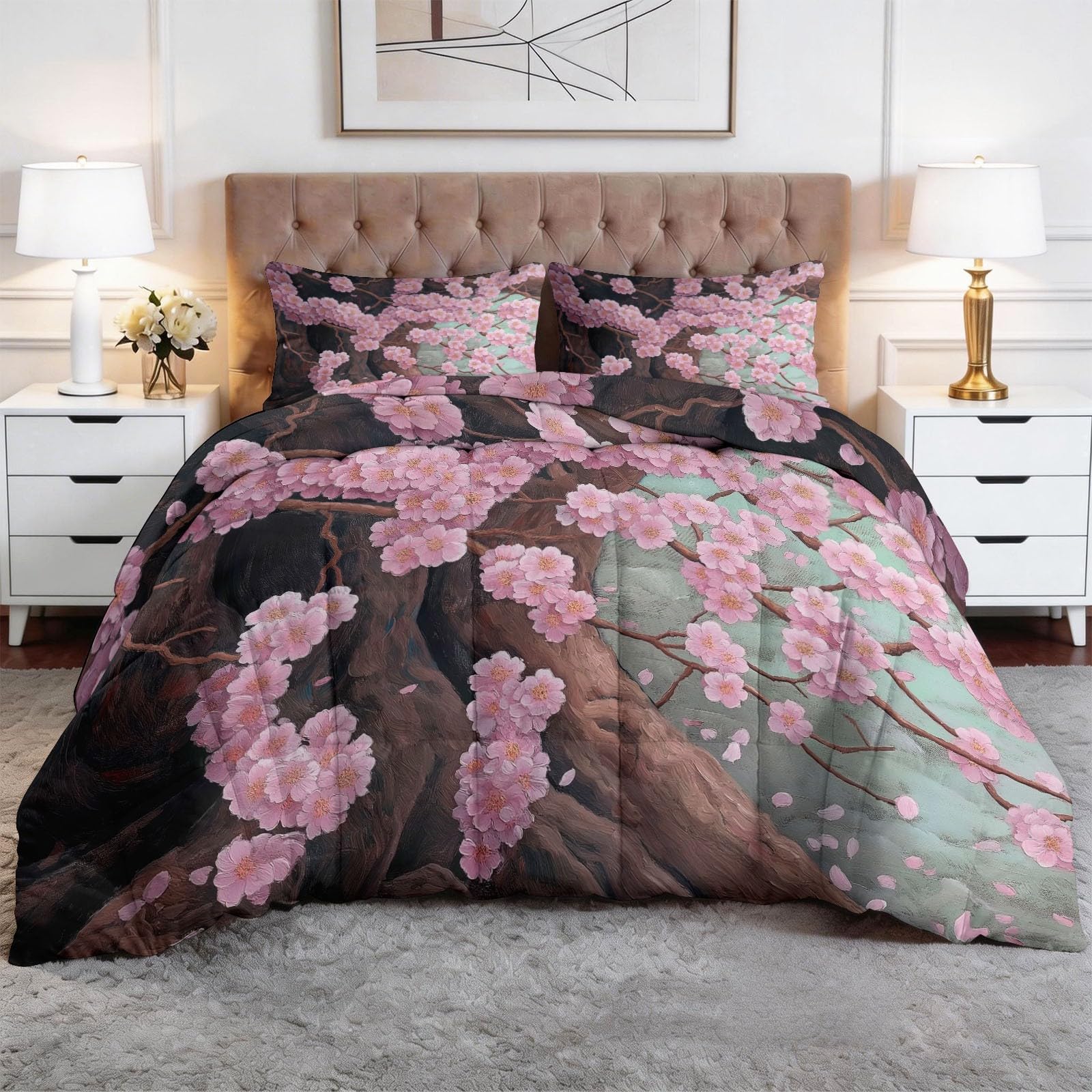 Edredón de plantas y flores reversible de 240x220 cm suave y ligero en color rosa