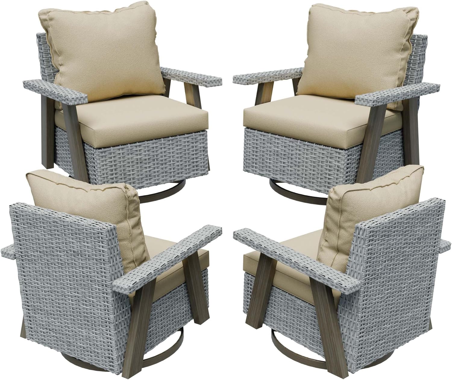 Outdoor Swivel Rocking Chairs Set of 4, 360°Wicker Rcoker Patio Rattan Chairs Patio Furniture Set, Patio Conversation Set with Covered Cushion for Porch Deck Balcony Garden.