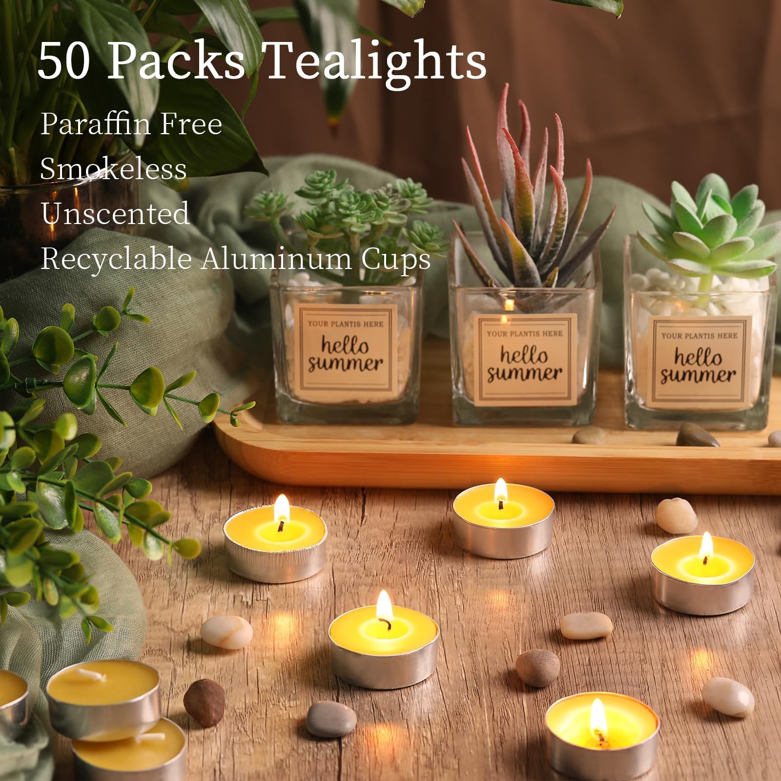 Paquete de 50 velas de cera de abeja, velas de cera de abeja pura, velas de té | Velas de té orgánicas naturales sin perfume, sin humo, combustión limpia con 4 horas de tiempo de combustión