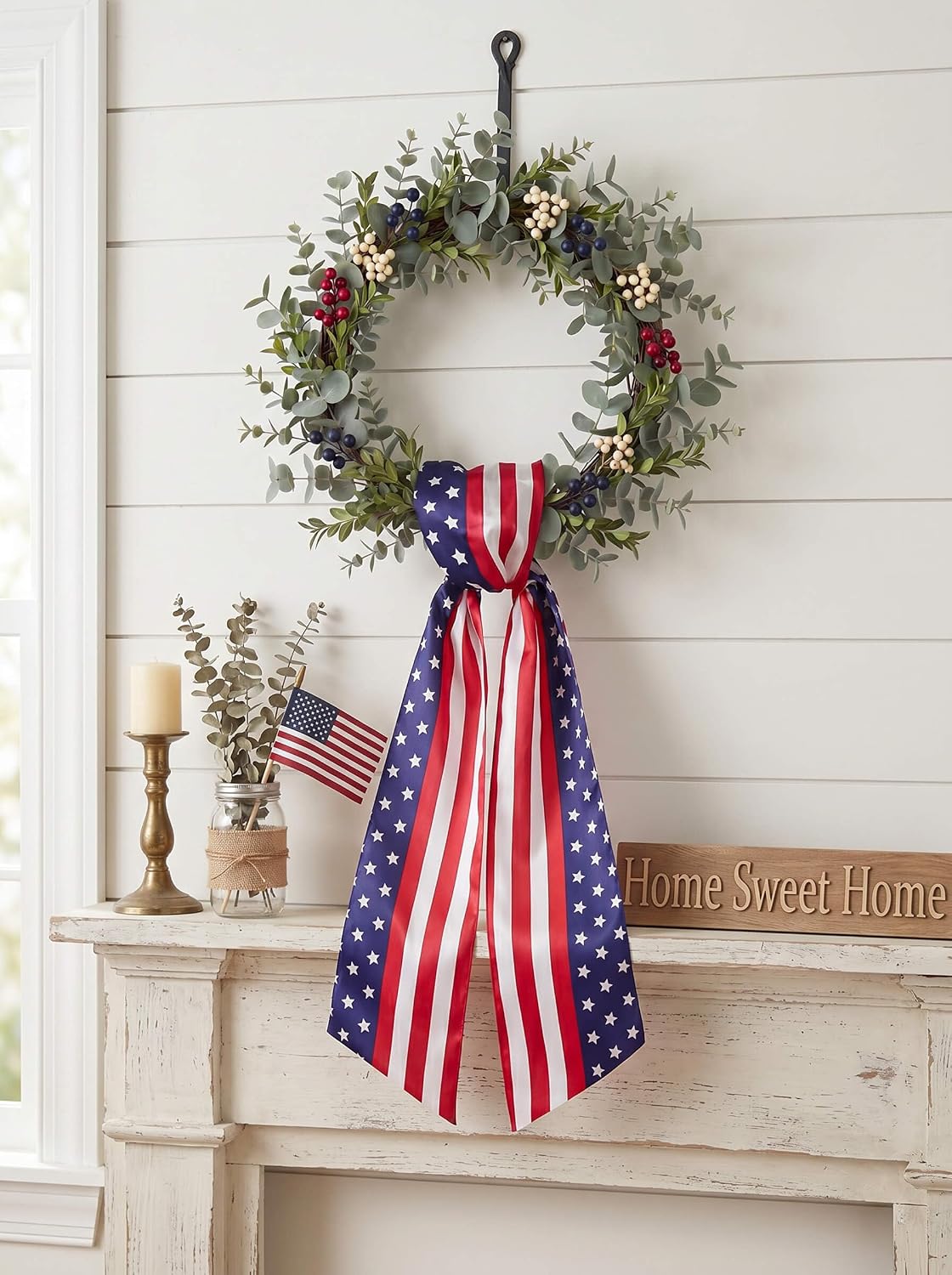 Patriotic Wreath Sash for Front Door, 1 Pack 5" W x 55" Satin Ribbon Double-Sided Stars Stripes, 4th of July Memorial Day Wreath Decor