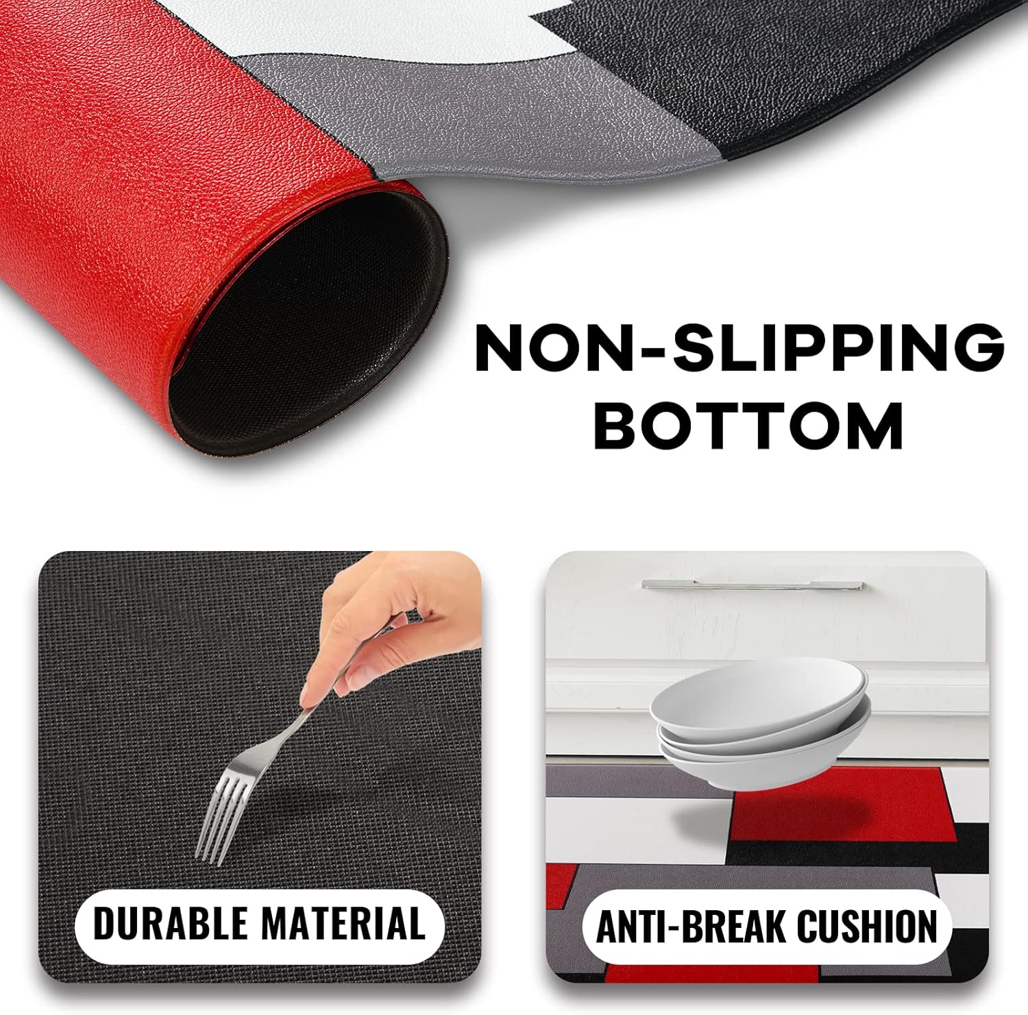 Black,White,Red and Grey Kitchen Rug Set 2 Piece Abstract Geometric Art Cushioned Abstract Modern Mats for Laundry (Geometric Art, 17.5"x29.5"+17.5"x47")