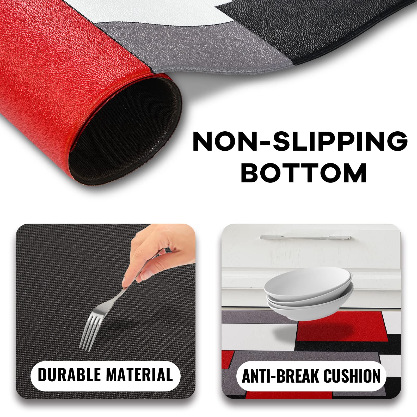 Tapis De Cuisine 2 Pièces - Motif Géométrique Rouge Et Gris Antidérapant