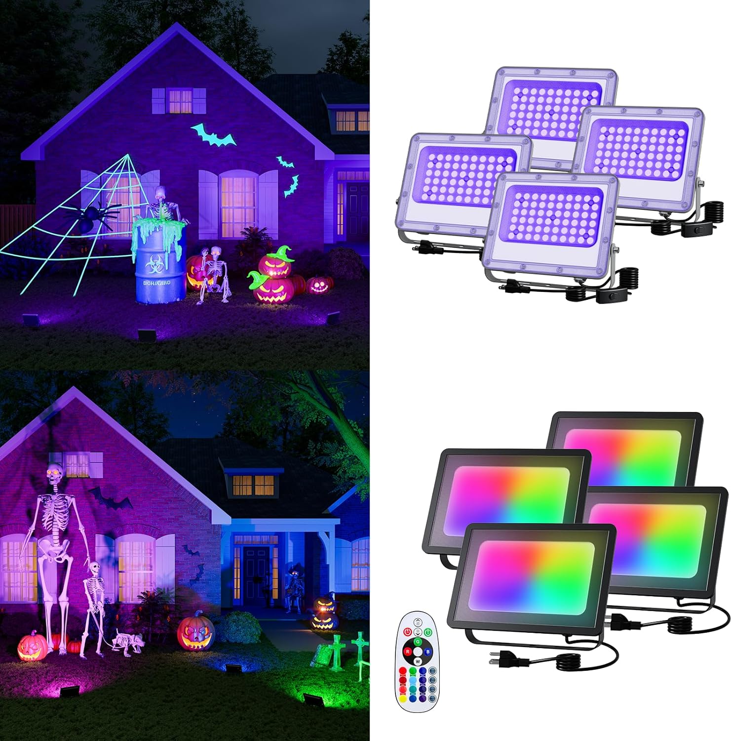 4 Pack 50W Halloween Blacklight Flood Lights Wired 120V IP66 Waterproof UV Led Black Lights for Holiday Decor & 4 Pack 50W Halloween Color Change Waterproof Floodlights with Remote 16 Multicolor