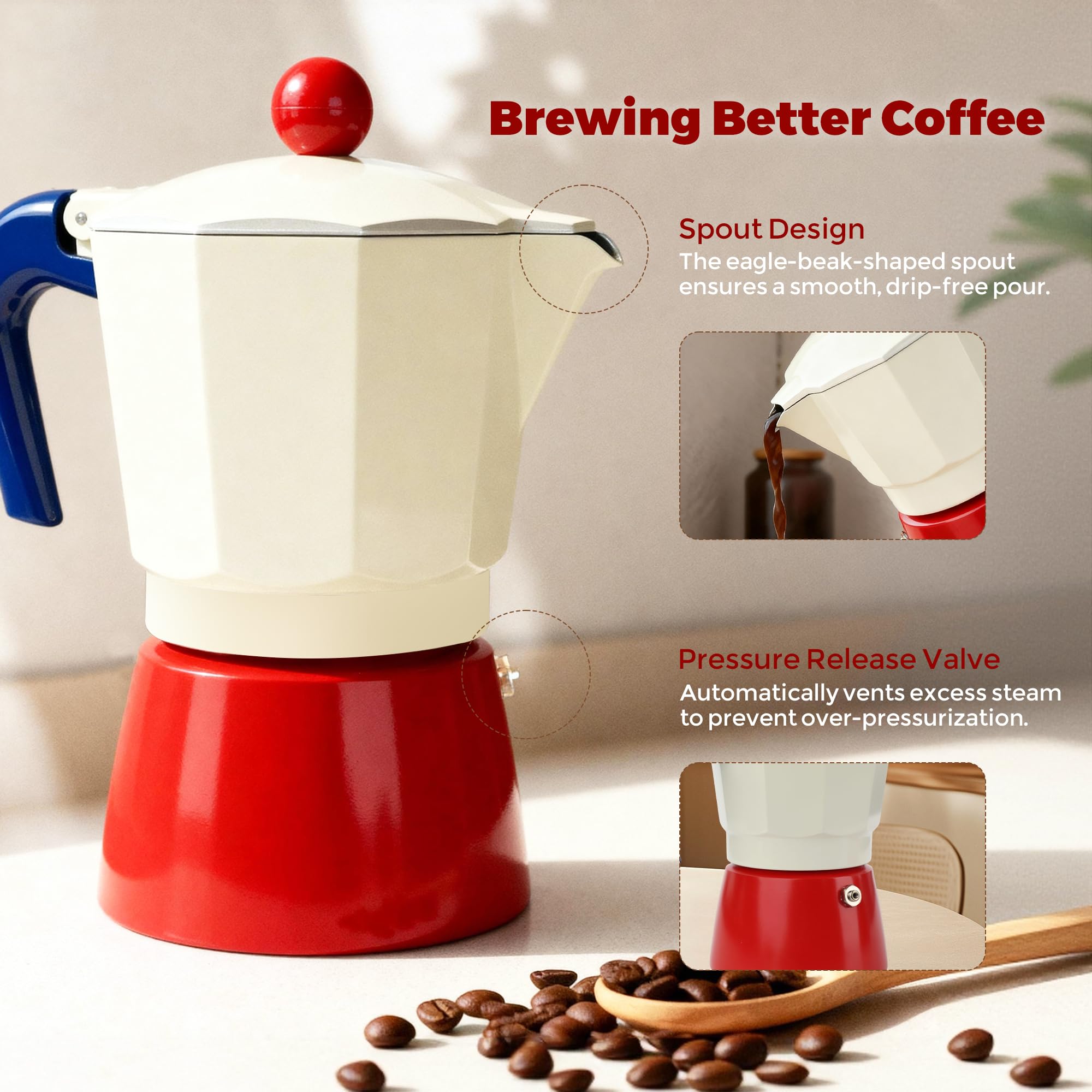 ShanSon Moka Pot - Cafetera italiana de 3 tazas de 5 onzas, cafetera italiana manual de percolador de café cubano, cafetera italiana espresso Greca para capuchino o café con leche, rojo/blanco