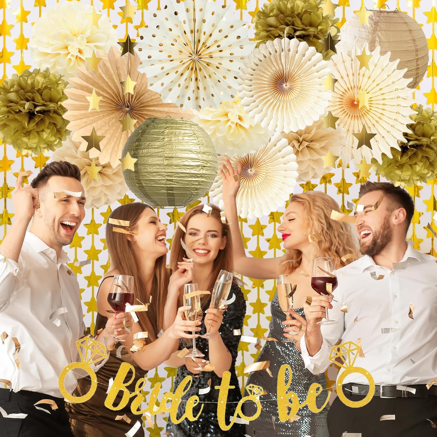 Bridal Shower Decorations Bride to Be Decoration Champagne Gold Cream Paper Pom Poms Lanterns Paper Fans Gold Star Garland for Bachelorette Party Wedding Bridal Shower Decoration - Image 3