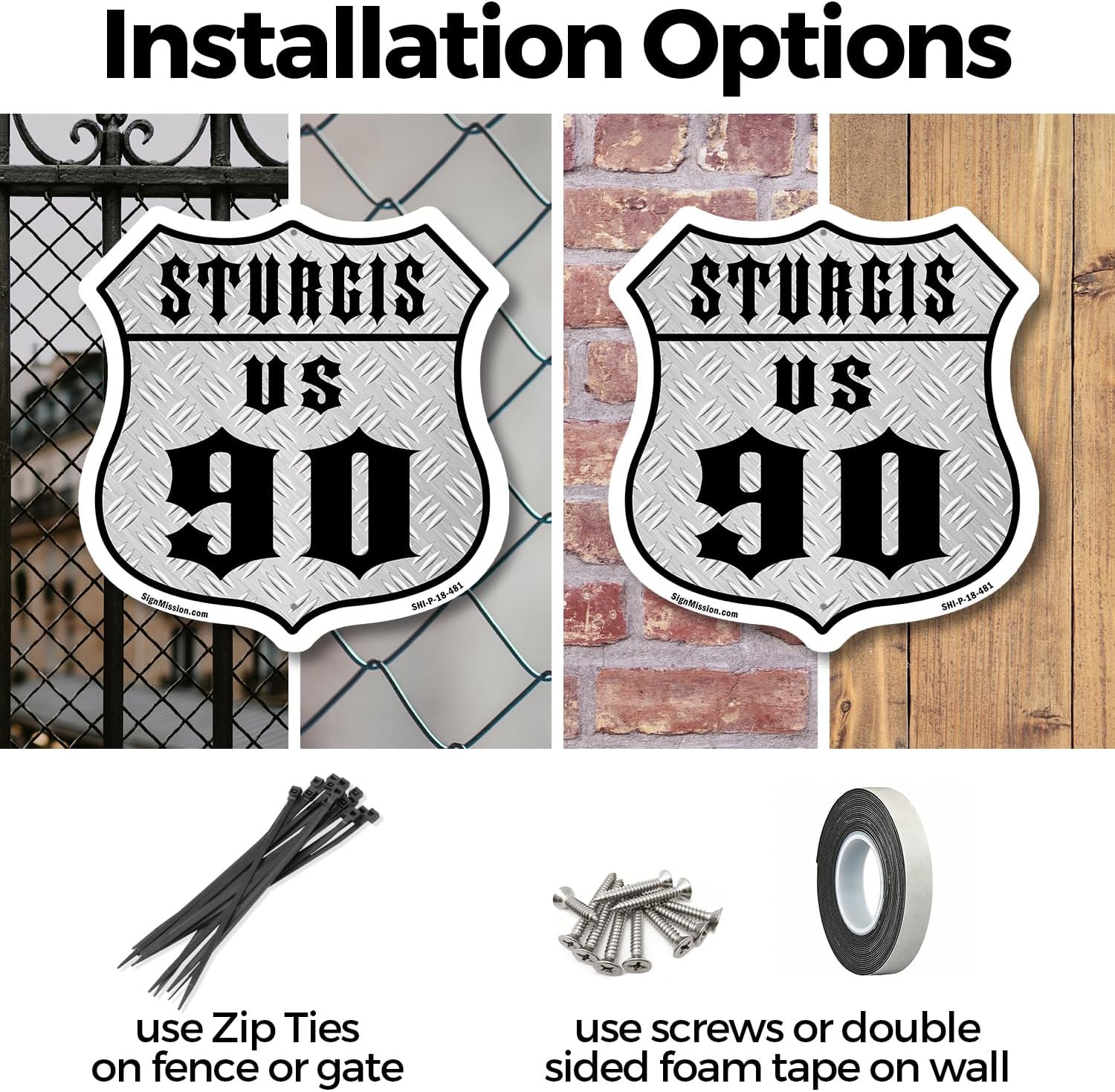 Sturgis Us 90 (2 Pack) 12 inch X 12 inch Shield Shaped Commercial Grade Plastic Signs Weather Resistant, UV Protected for Workplace Made in the USA