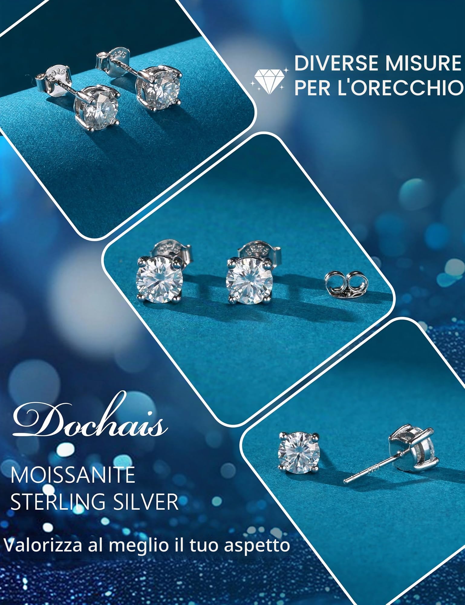 Dochais Moissanite Argento Sterling 925 Orecchini Orecchini a Tacco Set 3 Paia (3/4/5mm o 4/5/6mm) Ipoallergenici Brillanti per Donna Uomo Regalo di Gioielli