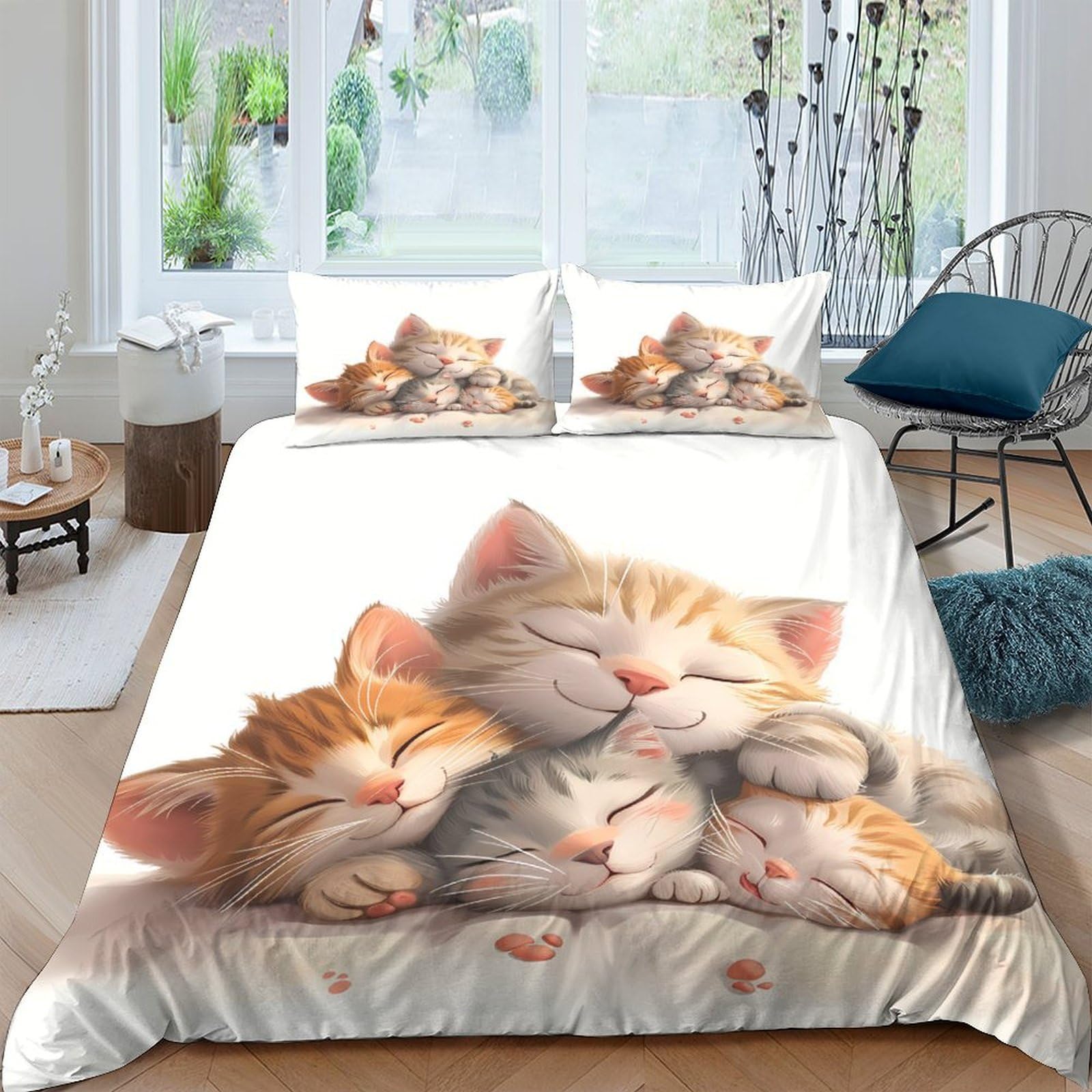 Ctjqhvkz Style-8 3D Printed Sleeping Kittens Fitted Sheet Microfiber Soft Anti-Slip Cartoon Cat Mattress Cover For Bedroom Home Decor Single（135X200cm）