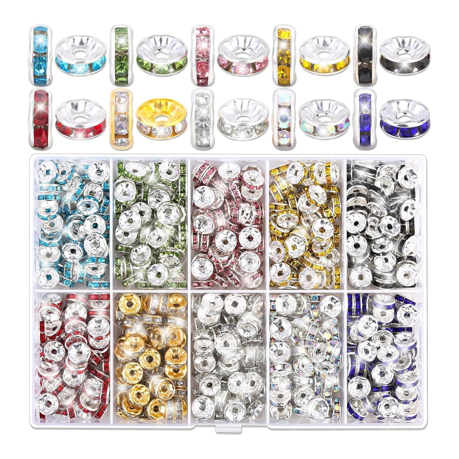 Buxuaaaa C 600/720 / 900Pcs Sparkling Rondelle Spacer Beads For Bracelets Necklaces 8Mm Rhinestones Spacer Beads Flat Round Rhinestones