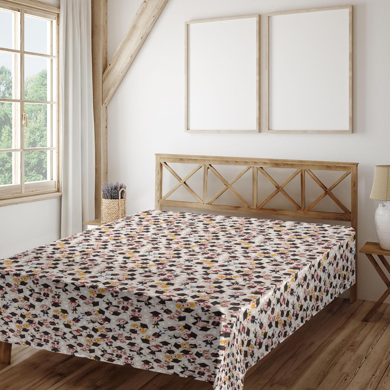 Ambesonne Graduation Flat Sheet, Continuous Happy Boy and Girl Students with Caps and Gowns in Cartoon Style, Soft and Comfortable Top Sheet Decorative Bedding 1 Piece, Full Size, Multicolor